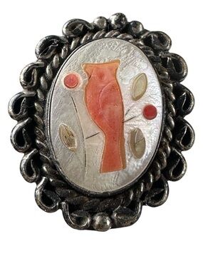 Vtg Navajo Calvin Tom 925 MOP Cardinal Mosiac Inlay Coral Ring Sz 7 Split Shank